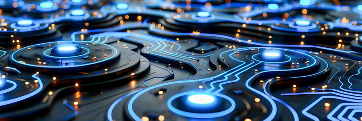 Poster - blue digital circuit and computer technology, abstract background with network and electronic engine