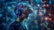 A teenager wearing a brain-computer interface with electrodes, immersed in a virtual reality game, showcasing the convergence of the human mind and technology.