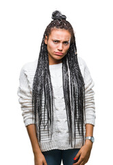 Poster - Young braided hair african american girl wearing sweater over isolated background depressed and worry for distress, crying angry and afraid. Sad expression.