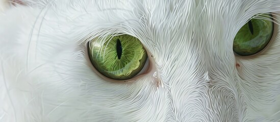 Wall Mural - A fluffy white cat with striking green eyes attentively plays with a delicate white feather