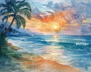 Poster - A vibrant watercolor landscape of a serene beach at sunset, with palm trees swaying gently in the breeze and waves crashing on the shore, full frame