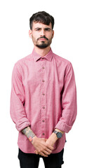 Wall Mural - Young handsome man wearing pink shirt over isolated background depressed and worry for distress, crying angry and afraid. Sad expression.