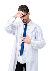 Sticker - Young professional scientist man wearing white coat over isolated background Touching forehead for illness and fever, flu and cold, virus sick