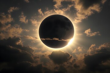 Wall Mural - Closeup, full solar eclipse in sky with clouds