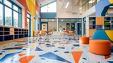 Fototapeta  - Stepping into a classroom one immediately notices the bright and playful terrazzo flooring designed with a variety of geometric shapes and colors. This lively aesthetic creates a fun .