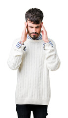 Sticker - Young handsome man wearing winter sweater over isolated background with hand on head for pain in head because stress. Suffering migraine.