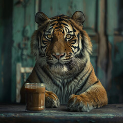 In the glow of dawn, a tiger patiently waits for breakfast with a coffee scent in the air