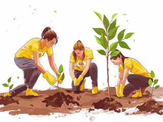 Wall Mural - Cheerful volunteers collaborating in reforestation efforts to restore a barren landscape and mitigate the impacts of deforestation.