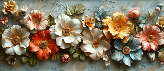Wall Mural - Numerous vibrant flowers are displayed on the wall alongside various green leaves and blooming plants