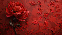 Red Decorative Volumetric Peony Flower On The Background Of A Decorative Wall.