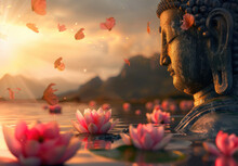 Buddha Statue Meditating On A Lake With Many Lotuses Flowers