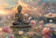 Buddha statue meditating on a lake with many lotuses flowers