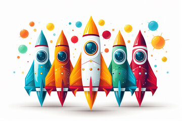 Sticker - Whimsical cartoonish rocket ship, with colorful stripes and a smiling face, against a blank white canvas, inspiring dreams of space exploration.