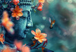 Glowing buddha statue decorated with flowers