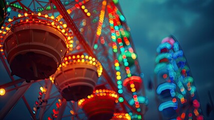 a row of colorful Ferris wheel trains that light up against the dark sky