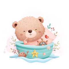 Wall Mural - Watercolor Illustration Cute Bear in Little Ship with Love Letter