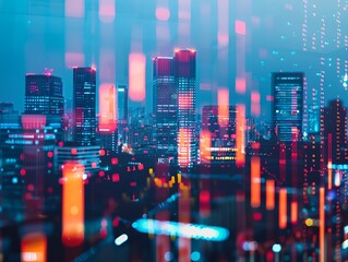 Poster - Double exposure image featuring a forex chart overlaid on a city view, blending financial data with urban landscapes