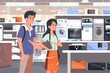 Asian consultant salesman in electronics and household appliances store, selling a working machine to a woman, recommending and approving the choice, Generative AI