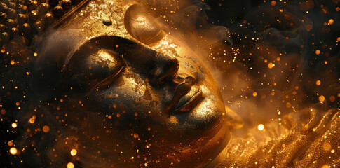 Wall Mural - golden Buddha face sleeping on black background with glitter and stars