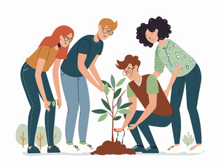 Wall Mural - Animated Cartoon Group Tree Planting for a Greener Future: Combating Climate Change through Reforestation