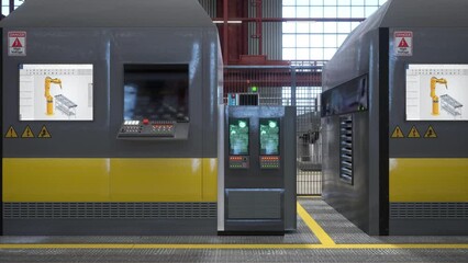 Large machines in warehouse with control panels and screens displaying technical diagrams, 3D render panning shot. CNC machinery with buttons and switches used for automatization processes in factory