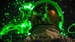 In the foreground the back of a lone astronauts helmet reflects the glowing green form of a mysterious being its tentacles reaching . .