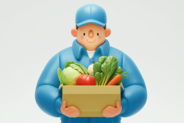 3D illustration of farmer uncle holding vegetables and laughing, agricultural food harvest scene illustration