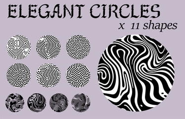 Poster - Set of elegant cirlce shapes with psychedelic trippy pattern resembling ink blots and stains.