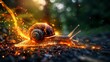 Dynamic close-up of a snail, its trail of fire lighting up the path, illustrating the power within the small