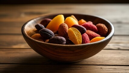  A bowl of vibrant fruit on a wooden table