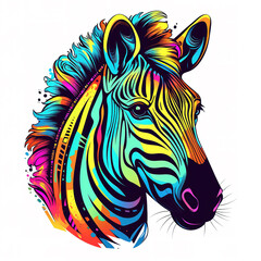  Colorful zebra head on white background on white background. Wild Animals. Illustration, Generative AI.