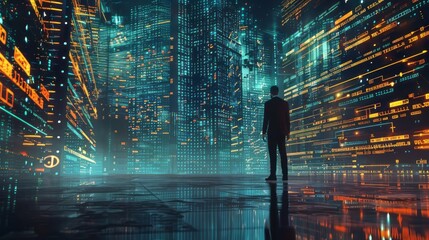Aufkleber - A man stands in a cityscape with a futuristic feel. The city is lit up with neon lights and the man is wearing a suit. Scene is one of awe and wonder at the technological advancements of the future