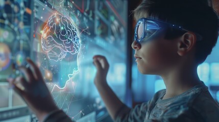 Aufkleber - A young boy is wearing a pair of virtual reality goggles and is looking at a computer screen. The screen displays a brain with a lot of neurons and a few other images