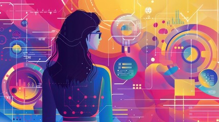 Aufkleber - A woman is looking at a computer screen with many colorful graphs and numbers. Concept of technology and data analysis, as well as the idea of being immersed in a complex system