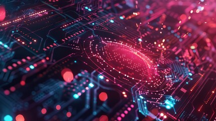 Poster - A computer chip with a red circle in the middle. The chip is colorful and has a lot of dots