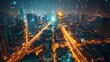 Bird's eye view of a smart city, with digital light trails marking the flow of big data