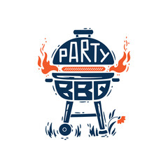 Wall Mural - BBQ Time. Grill Barbecue Party. Portable Charcoal Grill with Fire Flames. Vector illustration
