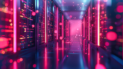 Poster - Futuristic Server Room, Digital Networking and Computing, Blue Light Datacenter, Modern Technology Concept