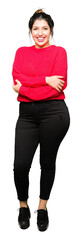 Poster - Young beautiful woman wearing red sweater and bun happy face smiling with crossed arms looking at the camera. Positive person.