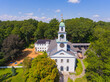 Sudbury historic town center aerial view in summer including First Parish of Sudbury Church, Town Hall at Town Common, town of Sudbury, Massachusetts MA, USA. 