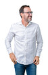 © Krakenimages.com - Handsome middle age elegant senior business man wearing glasses over isolated background looking away to side with smile on face, natural expression. Laughing confident.