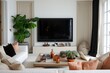 Modern living room There is a simple, elegant TV mounted on a white wall. Surrounded by tasteful decorations including frames