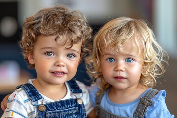 Portrait of two little Caucasian brothers. Friendship from early childhood is the basis of good relationships with the whole world.