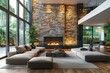 Beautiful modern living room interior with stone wall and fireplace in luxury home
