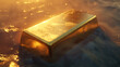 A single gold bar stamped with weight and purity, shines with a heavy glow on a textured surface reflecting light