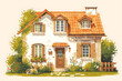 Watercolor French house with a red roof. The house has a garden with flowers and plants.