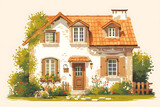 Fototapeta Tęcza - Watercolor French house with a red roof. The house has a garden with flowers and plants.