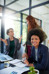 Poster - Happy, portrait and African woman in office for web design, startup company and data analysis. International team, laptop and brainstorm in workplace for project, development and global partnership