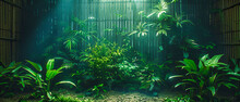 Lush Tropical Forest Scene, Rich Green Foliage Bathed In Sunlight, Serene Escape Into Natures Embrace
