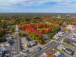 Bandstand aerial view at Bellingham Town Common in fall with maple trees at the background, historic town of Bellingham, Norfolk County, Massachusetts MA, USA. 